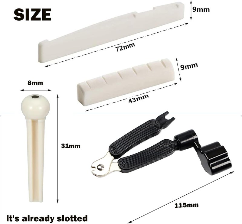 Junlego 14Pcs Acoustic Guitar Bridge Pins String Pegs Guitar Saddle Nut With 3-In-1 Pin Puller Remover Guitar String Winder And Cutter Guitar Parts Accessories Replacement Tools Kits（white+black） - Image 4